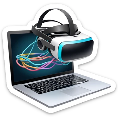 VR headset lying next to a laptop, connected by wires. On the laptop screen a VR/AR modeling program is opened. Floating 3D models or virtual objects. Modern, tech-inspired colors. No emojis or smiley faces. Transparent background. sticker
