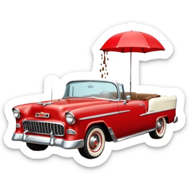 1955 Chevrolet Bel Air Convertible, Red-White color, with a bucket of brown mud pouring down on it, and the car itself is covered in brown mud on the sides that has stuck.32x32 pixels, aspect ratio: 1:1 sticker