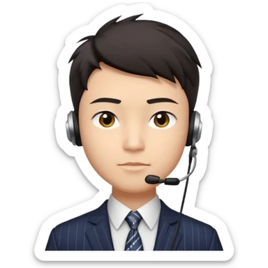 gay young Asian man with light skin, short dark hair styled upward with a sharp spiked swoop in front, slightly narrowed almond-shaped eyes with a confident, knowing squint, a clean-shaven face, and a sleek single-ear headset, wearing a dark pinstripe suit with a patterned shirt tie sticker