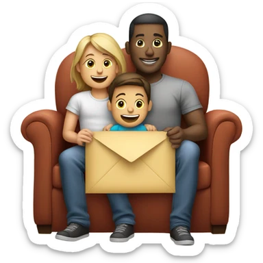 2 young kids sitting on fathers lap on sofa opening up an envelope sticker