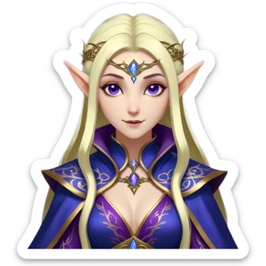 Cinematic Realistic WoW Elf Mage Portrait, head tilted dramatically with an exaggeratedly amused expression, blending timeless arcane wisdom with a touch of unexpected playfulness. Her luminous, porcelain-like skin and delicate features, complemented by an intricately detailed robe in deep blues and purples with golden filigree, are rendered with lifelike texture and dynamic magical lighting, high shine, dramatic yet whimsical, capturing the essence of an elven mage whose epic mastery is tinged with charming irreverence. sticker