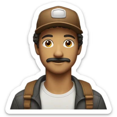 white young man with a tiny moustach and a brown trucker cap sticker