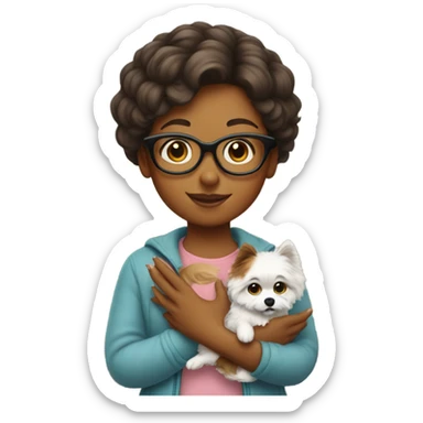 A girl with glasses is holding a spitz dog in her hands sticker