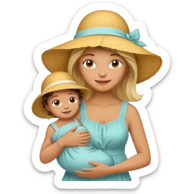 A mom in a sunhat holding her baby gently, wearing a sun-dress while smiling softly. sticker