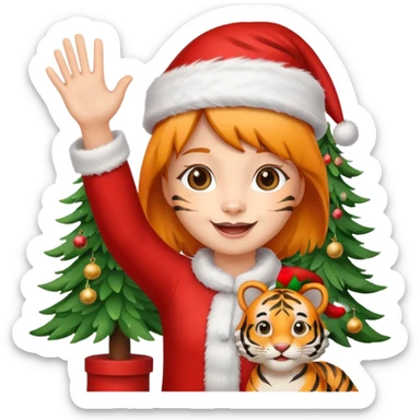 Happy girl tiger waving by a Christmas tree wearing a Santa hat sticker