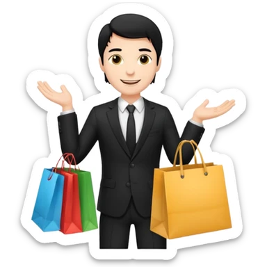 a white elegant man black hair in a black suit with clothing shopping bag sticker