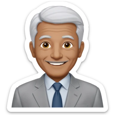 70 yr old man, very short spike white hair, pakistani, light grey business suit, big smile, dark skin, no facial hair
 sticker