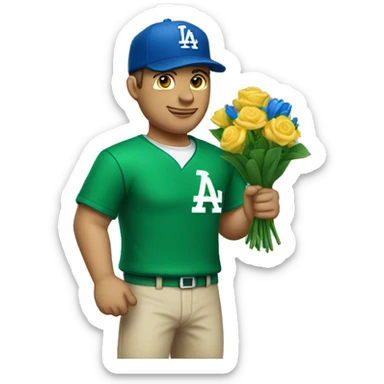 an white man stands still with a "dodger" written green cap and clothes holds flowers sticker
