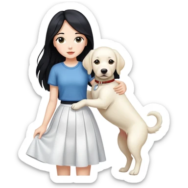 A girl with long black hair, a beautiful white skirt and fair skin is holding a white Labrador sticker