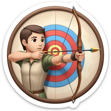 An archer drawing a bow and aiming an arrow at a target, with perfect focus and precision. The target is visible in the background, featuring concentric rings. The scene captures the concentration and skill involved in archery, emphasizing the elegance and accuracy of the sport. sticker