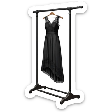 clothing rack with an elegant black dress hanging on it sticker
