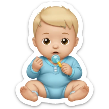 A cartoon baby with light skin, small tuft of hair, wearing a baby outfit, holding a pacifier, front-facing sticker