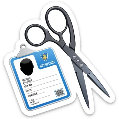 Floating black Scissors cutting an idf soldier ID card in 2 parts .hyper realistic sticker