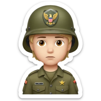 a young boy wearing a military helmet sticker