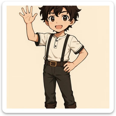 young anime boy with dark wavy hair, wearing a simple golden crown, white shirt with black trims and black suspenders, dark pants with belt and boots, standing confidently with one arm raised saying hello sticker