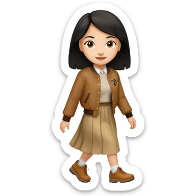  light skin, black cololong hair girl with brown varsity jacket and long skirt walking  sticker