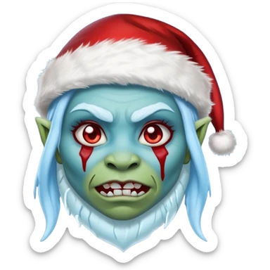 Fantasy orc portrait emoji, Santa Claus hat with icy texture, frozen scar glowing deep red against icy blue skin tones, primal winter survival theme, restrained detail, clean readable emoji style, female variant
 sticker