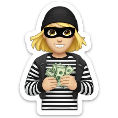 robber with blonde hair wearing a black beanie and a long sleeved white and black horizontally striped t-shirt and wearing black eye mask and holding a bag of money in their left shoulder sticker