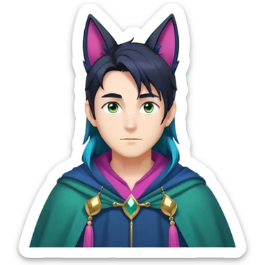 anime man with long-straight-dark-blueish-black-gradient hair, long black fox ears with pink Scapha, hazel-gradient-brown-turquoise eyes, gold earring, dark-blue-sweater, green cape,  sticker