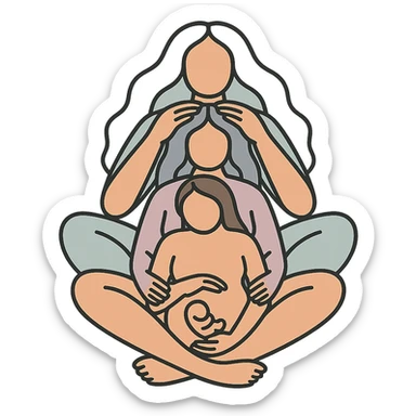 Variant: Several generations of women sitting one behind the other as in the reference, all dressed in flesh-colored bodysuits, Chinese Eastern style, icon-color-outlined style with thin clean contours, soft rounded shapes, pastel palette #98B5BC, #B5B3C1, #C9A3C9, #E4C0CA, #F7DCD1, #F7C0AA, expressive shadows, transparent background, no decoration, less cute. Composition and poses as in the reference. sticker