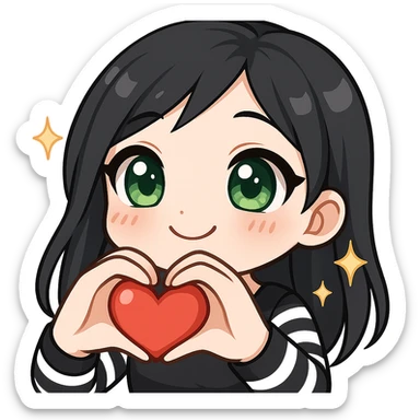 Twitch emote of a girl with black hair and green eyes, making a heart with her hands, in a shiny, detailed chibi style with large eyes, sparkles, soft shading, and a loving expression, matching the reference style. sticker