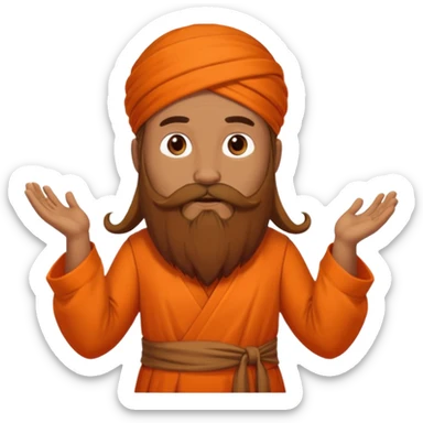 One astrologer sitting in orange color dress looking like a learned person, having beard sticker