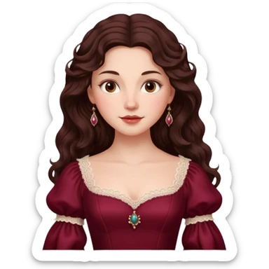 Renaissance lady – long dark brown wavy hair, burgundy gown with lace neckline sticker