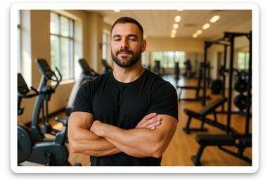 uomo sicuro di sè a braccia conserte, ben allenato e sereno, sullo sfondo una palestra sticker