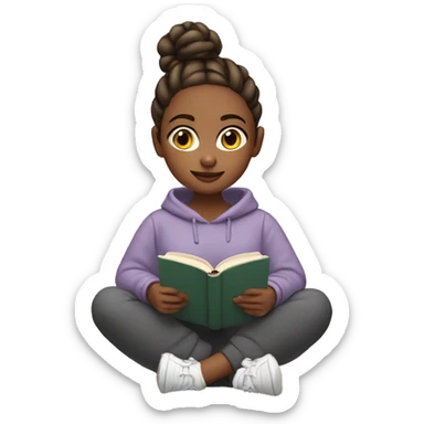 Girl with bun and in sweatshirt and sweatpants reading a book sticker