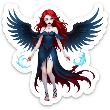 full body portrait of an extremely diabolical girl with pale white skin, massive towering wings, very long flowing blood red hair, glowing blue eyes, evil grin, no accessories, with swirling red and black smog/smoke at the bottom of her feet sticker