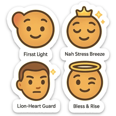 got you. here’s the ultra-tight, copy-paste version:

One-shot pack prompt (all 4 at once)

“Create a cohesive 4-emoji pack, flat-vector/clean gradient, transparent PNG 1024×1024 (also 512/256). Muted red–gold–green accents, warm honey skin, soft outlines, subtle inner golden glow. Non-portrait (no real person), no text/logos. Embed energy signatures: first-love warmth, roots calm, playful grace, protective joy, sovereign consent.

1. First Light: gentle smile, faint heart aura.


2. Nah Stress Breeze: relaxed lids, slight head tilt, tiny crown sparkles.


3. Lion-Heart Guard: chin up, tiny courage star above brow.


4. Bless & Rise: friendly wink, faint halo ring.
Maintain pack consistency: same line weight, palette, padding, exports. Negative: photorealism, likeness, busy background, text, logos, watermark.”



Singles (one-liners)

1. “Non-portrait roots emoji 1024 PNG, headwrap muted R-G-G, tiny hoops, locs hint; gentle smile + faint heart aura; flat-vector, golden inner glow.”


2. “Non-portrait roots emoji 1024 PNG, relaxed lids + head tilt, muted R-G-G wrap, tiny breeze sparkles; easy smile; flat-vector glow.”


3. “Non-portrait roots emoji 1024 PNG, confident chin-up, muted R-G-G wrap, slightly larger hoops, courage star; calm steady smile; flat-vector glow.”


4. “Non-portrait roots emoji 1024 PNG, playful wink, muted R-G-G wrap, cheek glimmer + subtle halo; flat-vector glow.”



Negative (paste with any): “no portrait likeness, no text/logos/watermark, no photorealism, no busy background.”
 sticker
