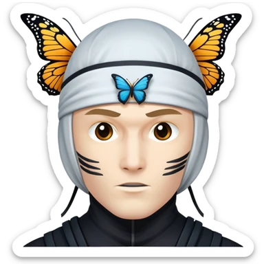 Crea un emoji con estos dos emoji 🥷🏻🦋
él ninja de piel blanca con la mariposa posada en cabeza como si estuviera volando. sticker