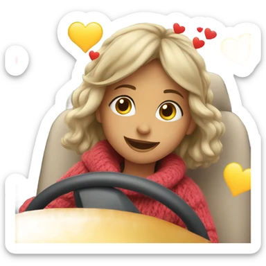 smiling girl in sweater driving in car with hearts sticker