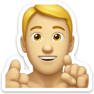 a beardless yellow emoji with freckles and a round head pointing the index finger skywards. It has two prominent upper incisors, while the lower incisors are hidden by the lower lip. sticker