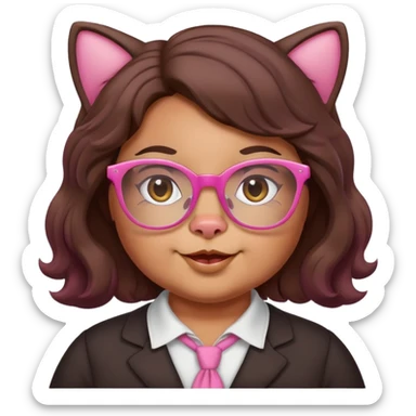 chubby English teacher face, pink cat glasses, wavy long dark brown hair, cheerful sticker