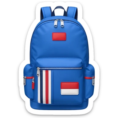 simple blue backpack, at the bottom pocket there is a  logo featuring a Tommy Jeans-inspired logo. The logo looks like A red and white vertically split flag-style patch on the bottom pocket.
 sticker