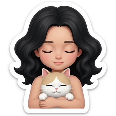 Girl with black wavy hair and she is white, sleepy with cat sticker