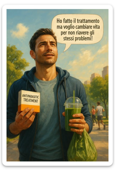 A realistic, cinematic illustration of a man in his early 30s with a determined and hopeful expression, standing outside under a bright morning sky, holding a small box labeled 'Antiparasitic Treatment' in one hand, while in the other hand he holds a fresh green smoothie or a bag of vegetables. A speech bubble near him says: ‘Ho fatto il trattamento ma voglio cambiare vita per non riavere gli stessi problemi!’ The man is wearing casual but clean and sporty clothing, symbolizing a fresh start, with the background showing a city park with green trees, morning light, and people jogging, indicating a healthy lifestyle. The atmosphere is bright, uplifting, and motivating, clearly illustrating the transition from treatment to lifestyle change to prevent future health issues. The style is realistic with warm tones, showing positive energy and commitment to change in italiano sticker