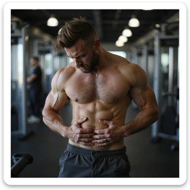 realistic 4K man in the gym squeezing his belly with hands and showing an angry expression sticker
