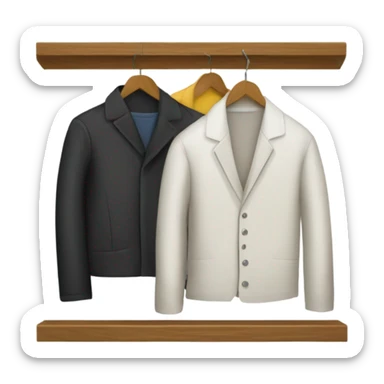 Design an emoji-style icon of an open wardrobe with clothes hanging inside. Include details like a wooden frame, hangers, and only black or white different clothing items such as shirts or any other clothing . Use a clean and minimalistic design. sticker