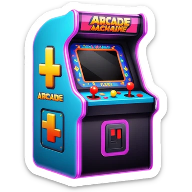 An icon featuring a retro arcade machine with vibrant pixelated graphics on the screen, showcasing classic gameplay. Bright neon lights surround the arcade cabinet, evoking nostalgia for the golden age of gaming. transparent background, the design symbolizes the fun and thrill of arcade games sticker