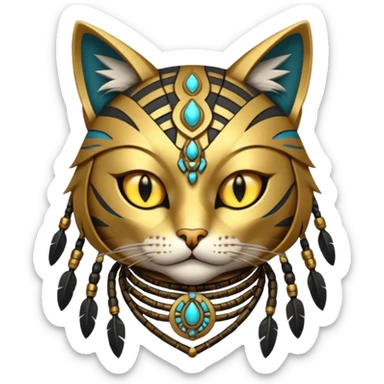 cat, wear tribal shaman cloth, cyberborg sticker