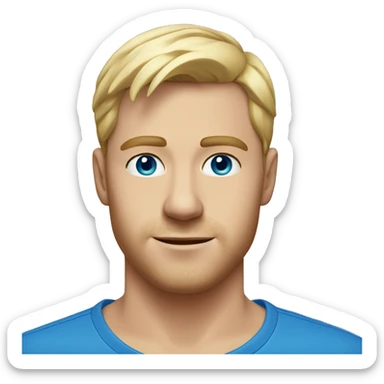 A head and shoulders shot of a 30 year old white man, with short blonde hair,   with blue eyes wearing a t-shirt. sticker