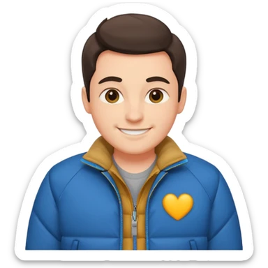 proud person, chest puffed out, smiling confidently, wearing a jacket sticker