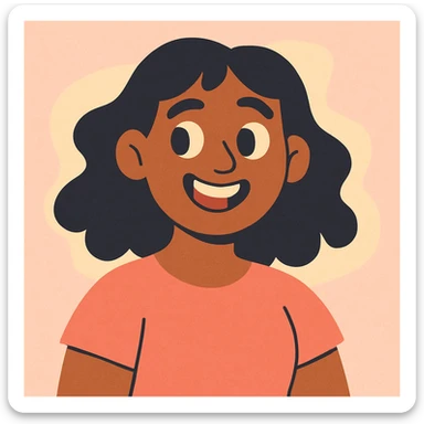 woman with brown skin, black hair, smiling, soft pastel illustration style sticker