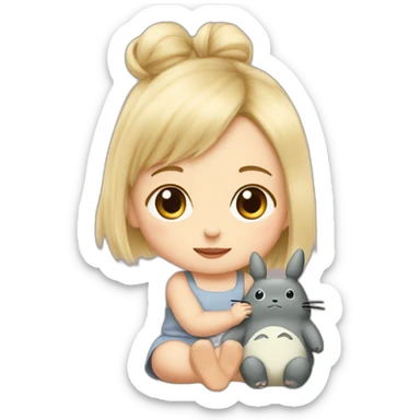 bébé fille blonde décoiffée assise avec une peluche Totoro  sticker