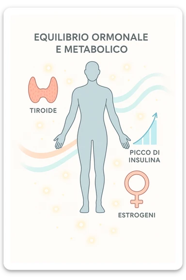 Il corpo è circondato da simboli delicati e bilanciati che rappresentano equilibrio ormonale e metabolico: piccoli cerchi, flussi energetici colorati, simboli stilizzati di tiroide, picco insulina, estrogeni. 4k immagine in italiano sticker