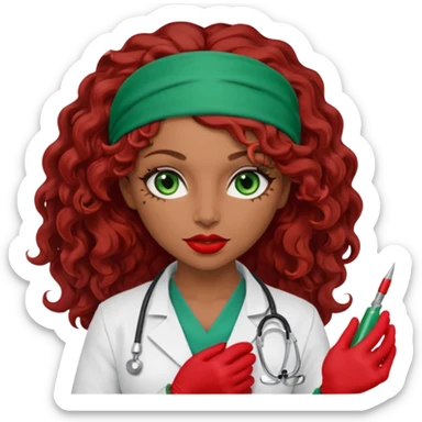 Lilith scalpel in hand, evil surgeon sexy surgeon clothes.  She has green  eyes. She brown long curly hair. Wears sexy doctor outfit with red gloves.hair is free and brown  Wears red bandana to hide  her mouth and nose sticker