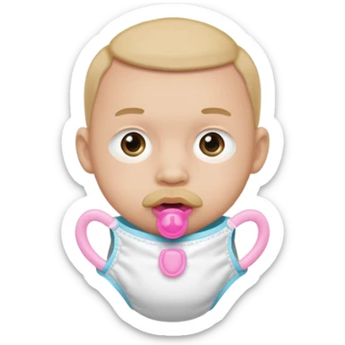 A grown man wearing a diaper with a pink pacifier in his mouth. sticker