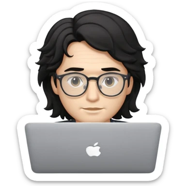 guy with wavy black hair and skin tone a little bit white and glasses, with a macbook sticker